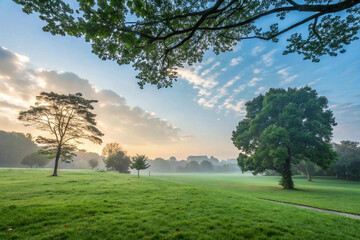trees in the park, Beautiful landscape in park with tree and green grass field at morning, wallpaper