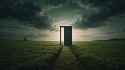 Open door in the middle of an endless field, revealing empty void. Minimal abstract surreal concept. Path into unknown idea. Copy space.