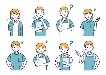 考えたり悩んだりする介護士のイラストセット＿上半身