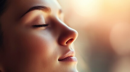 Fototapeta premium Serene Woman in Soft Light with Eyes Closed