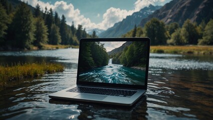 Laptop on a bank of the river. Synergy of nature and technology. Eco friendly industry concept. Copy space.	