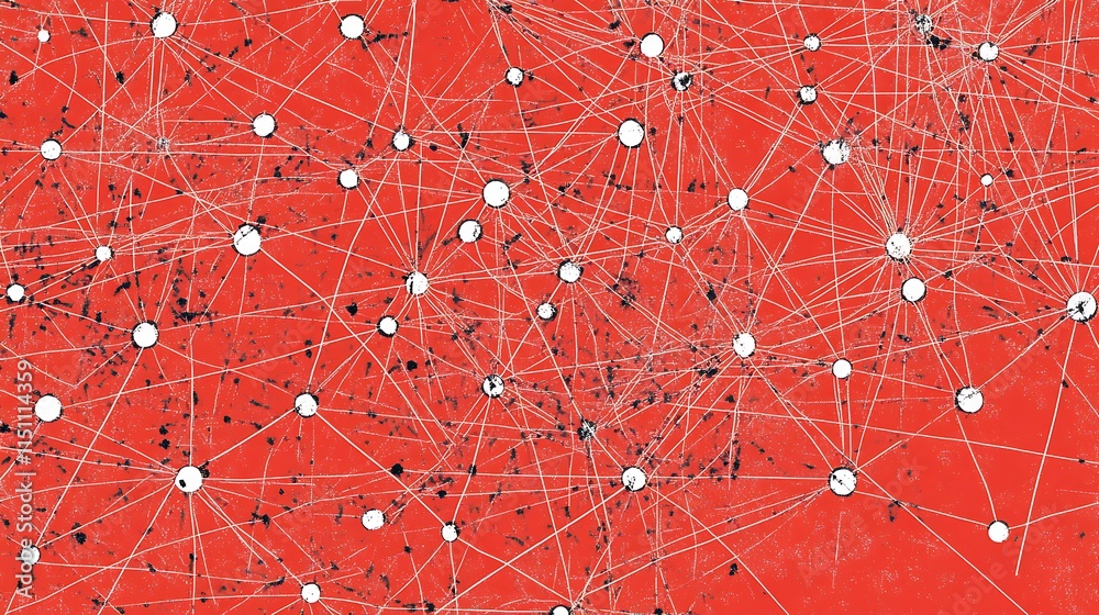 Poster Network of nodes with lines on red.
