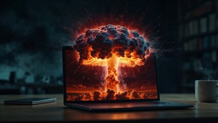 Nuclear bomb blast coming out off from laptop. Human civilization progress concept. Advance technology idea. With copy space.