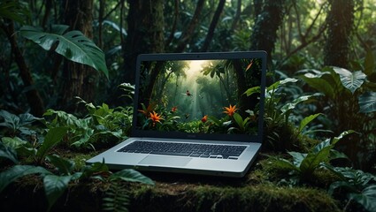 Laptop in a jungle. Synergy of nature and technology. Eco friendly industry concept. Copy space.	