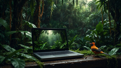 Laptop in a jungle. Synergy of nature and technology. Eco friendly industry concept. Copy space.	