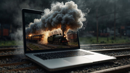 Steam engine train coming out of a laptop screen. Human civilization progress concept. Advance technology idea. With copy space.