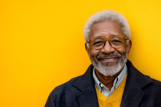 Senior man with a warm and proud smile on a golden yellow backdrop, african american portrait