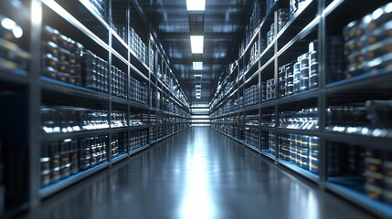 A modern warehouse interior with shelves stocked with containers.
