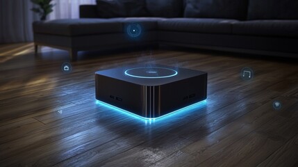 Modern smart home device on wooden floor illuminates living area with blue light and futuristic interface