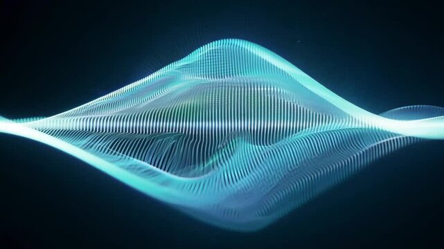 Blue abstract soundwave pattern moving symmetrically on a dark background, visualizing audio frequencies and data through glowing effects.