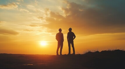 Fototapeta premium As the sun sets, an engineer and a worker stand together, silhouetted by vibrant colors, reflecting on their achievements and upcoming challenges in the industrial landscape