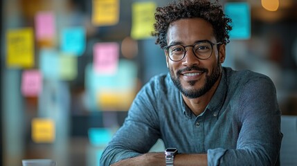 Fototapeta premium A smiling man with curly hair and glasses sits at a table, surrounded by colorful sticky notes.
