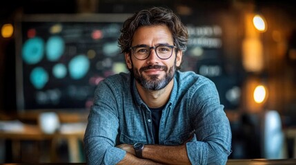 Fototapeta premium A smiling man with glasses poses in a cozy cafe setting, exuding warmth and approachability.