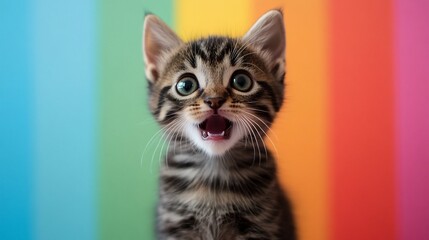 A playful kitten with wide eyes against a colorful striped background.