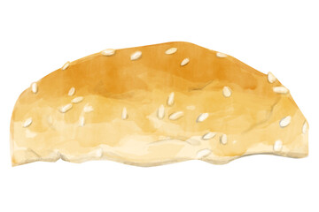 Watercolor Burger Bun Top One Isolated Illustration for Print and Web