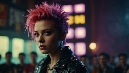 Portrait of a young girl with coloured hair and earrings. Youth and punk concept. Diversity and style idea. Copy space.