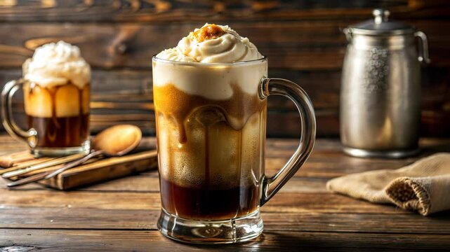 Classic Root Beer Float with a nostalgic mood featuring vanilla ice cream served in a glass on a wooden table.