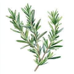 Fototapeta premium Watercolor Illustration of Fresh Rosemary Sprig, Detailed watercolor illustration of a rosemary sprig with vibrant green leaves, perfect for culinary, botanical, or natural designs.