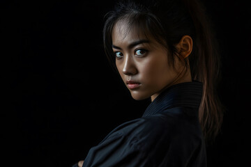 A serious woman kung-fu in black martial arts attire posing in a dark studio with dramatic lighting