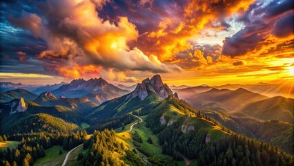 Stunning Sunset Mountain Drone Landscape Generative AI
