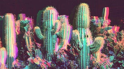 Vibrant, glitched cactus garden at night.