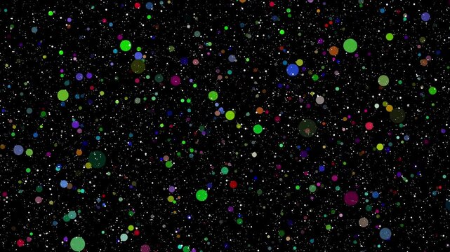 小さな丸い色とりどりの星が、ゆっくりと迫ってくる。黒い背景。ループするアニメーション。