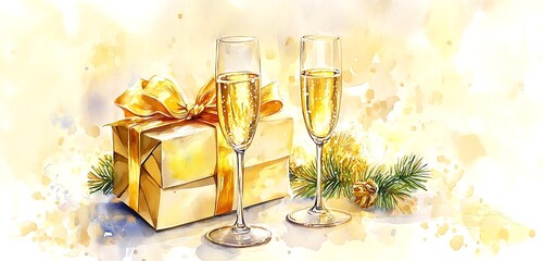 New Year gift set in watercolors with champagne glasses and soft golden light