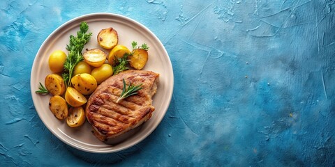 Top view of pork steak with potatoes on a plate on a blue concrete background, pork, steak, potatoes, plate, blue, concrete