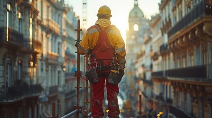 Construction worker in red and yellow uniform standing on a scaffolding in front of an old building. AI generative. .