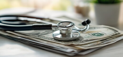 A stethoscope rests on a stack of cash, symbolizing healthcare costs.
