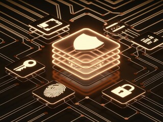 Futuristic cybersecurity imagery showcasing binary code, glowing shields, secure data transfer, password strength, digital locks, cloud safety, and warnings against phishing, ransomware, and data brea