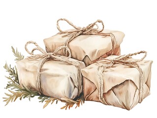 Soft earthy tones of watercolor depicting New Year gifts wrapped in rustic fabric