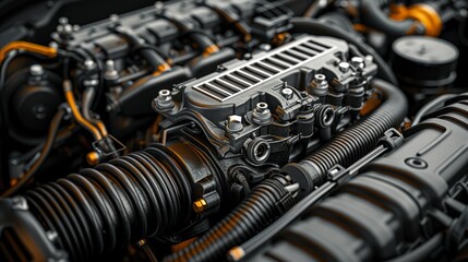 Close up of a car engine with a black and yellow color scheme. AI generative. .
