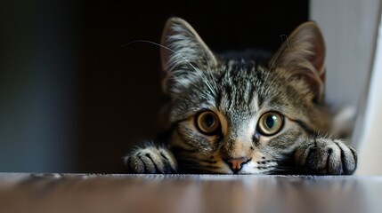 Curious Cat Peeking Over Table: An adorable tabby cat with captivating eyes peers over a table, paws resting gently on the surface.
