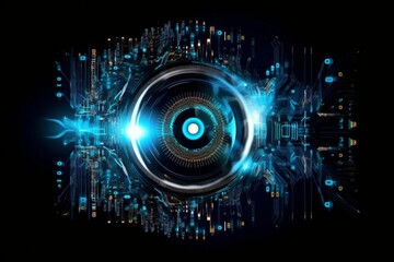 Obraz premium A glowing blue eye surrounded by a circuit board. AI generative. .