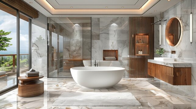 Modern bathroom with marble walls, a freestanding bathtub, and wooden accents. AI generative. . - Powered by Adobe