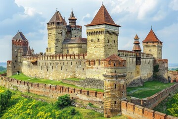 Fototapeta premium A large stone castle with multiple towers and a long wall, surrounded by green grass and yellow flowers. AI generative. .