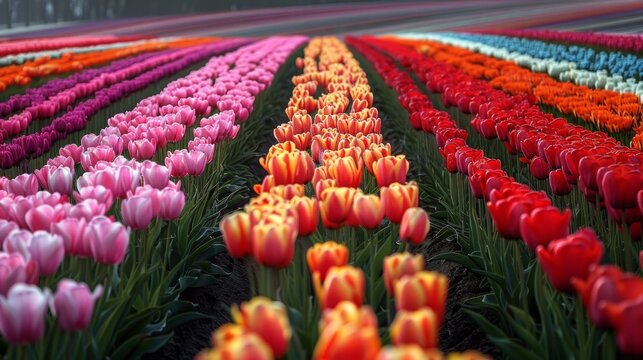 Close-up of a field of colorful tulips with a blurred background. AI generative. . - Powered by Adobe