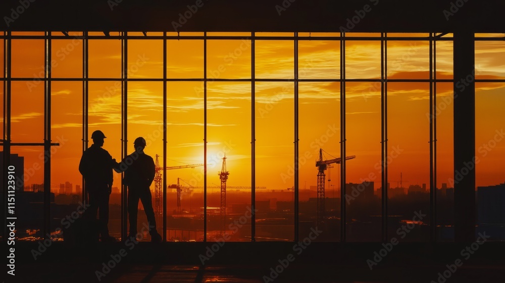 Poster two silhouettes of a worker and an engineer engage in discussion, framed by a stunning sunset. crane