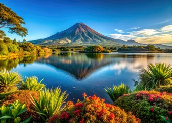 Fototapeta premium Aerial view of a vibrant volcano landscape: a colorful lake nestled beside a majestic mountain.