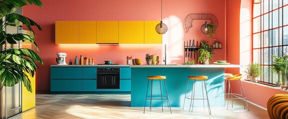 A vibrant kitchen featuring colorful cabinetry and plants, designed for cooking.