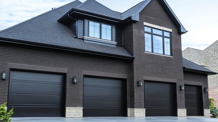 Dark brick and light gray exterior with sleek black doors and minimalist design elements.