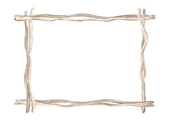 Wooden rectangular frame made from sea driftwoods. Hand drawn watercolor illustration isolated. Border made of old dried branches. Marine stile. Copy space for text. Template for card, textile, print.