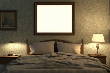 Cozy bedroom with a blank frame on the wall, ideal for personal artwork or photos.