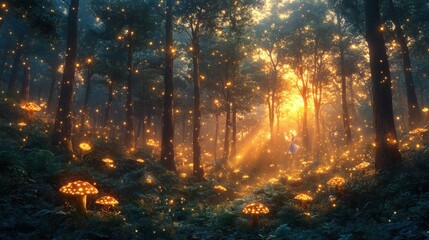 Fototapeta premium Enchanted forest, glowing mushrooms, fairy.