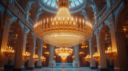 Obraz premium Grand hall, opulent chandeliers, elegant architecture.