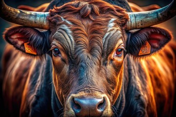 A majestic bull, horns prominent, a powerful close-up portrait.