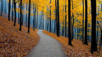 Obraz premium Autumn Forest Path Golden Leaves Winding Trail Scenic Nature Photography