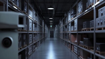 A high-security warehouse with surveillance cameras, reinforced doors, and tightly packed valuable items