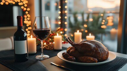 Festive Christmas Dinner  Roasted Turkey  Wine  Candles  Cozy Table Setting